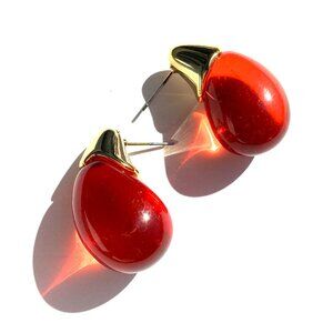NEW ~ Anthropologie Gold Topped Red Resin Droplet Earrings